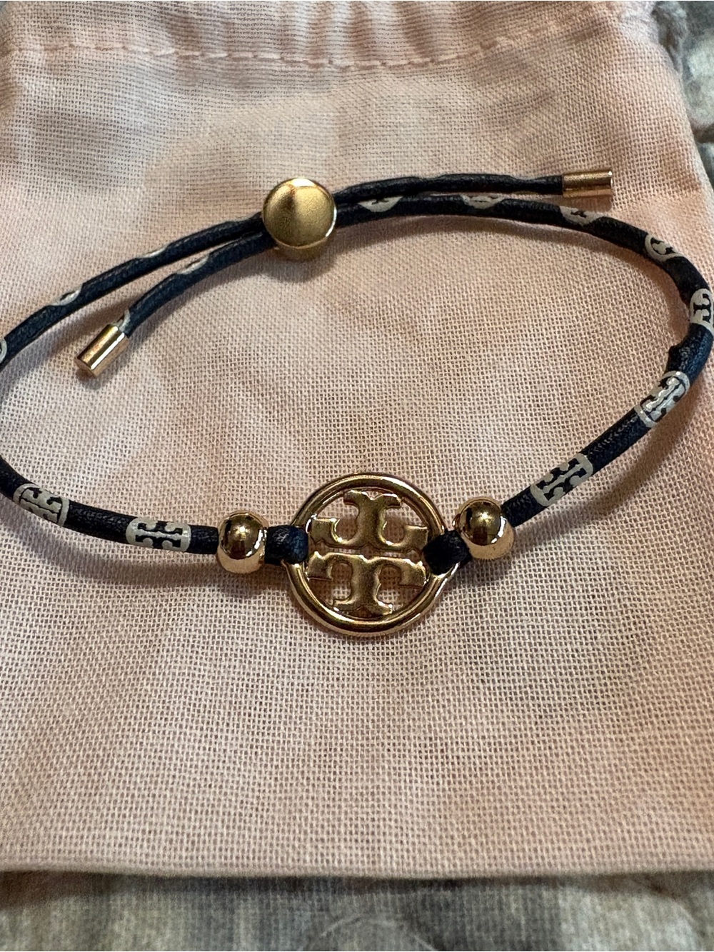 Tory Burch Navy Printed leather Cord Bracelet with Gold Logo